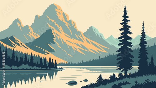 Serene mountain lake landscape with coniferous trees