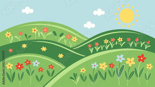 Sunny spring meadow landscape with colorful flowers