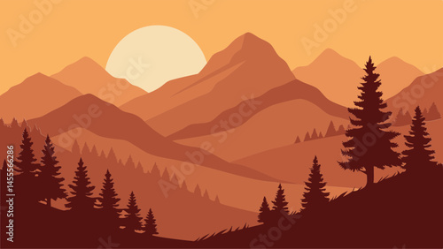 Sunset mountain landscape with silhouetted pine trees