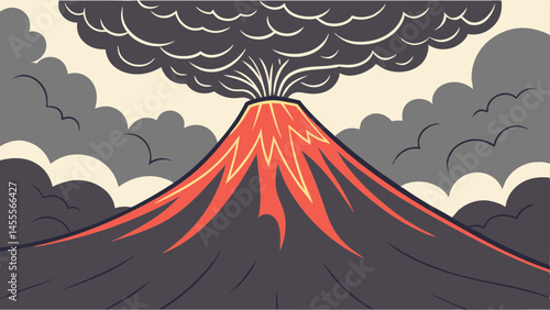 Erupting volcano with dark smoke and clouds illustration