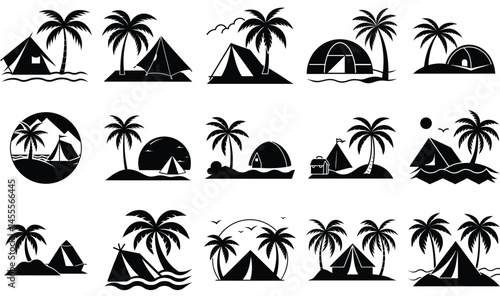Beach Side Camping with Palm Tree Silhouette Vector Set – Tropical Outdoor Vacation, Tent, and Seaside Nature Scene Collection

