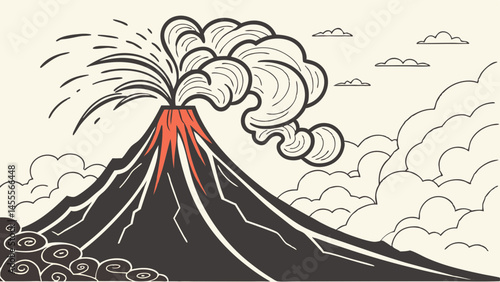 Hand drawn illustration of a volcano erupting