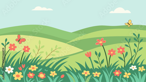 Spring meadow landscape with rolling hills and flowers