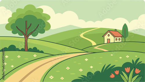 Idyllic spring landscape with house and winding road