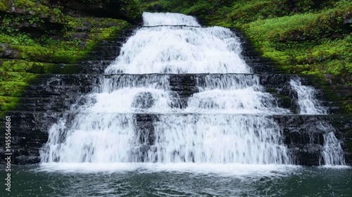 Serene Cascade Waterfall Surrounded by Lush Greenery and Rocks