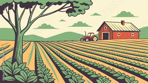 Farmland landscape with tractor and barn