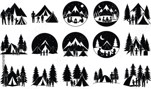Family Camping Silhouette Vector Set – Night Outdoor Adventure, Travel, and Nature Scene Collection

