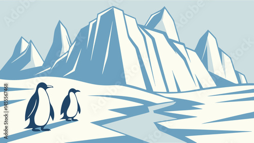 Cartoon penguins in icy arctic landscape with glaciers