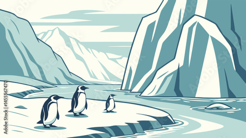 Cartoon penguins in icy arctic landscape with glaciers