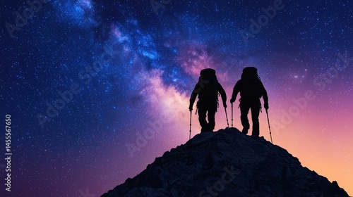 Two Hikers Silhouetted Against Starry Night Sky on Mountain Peak
