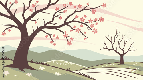 Cherry blossom trees on rolling hills in spring landscape