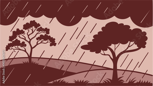 Stormy landscape with rain and silhouetted trees on hills