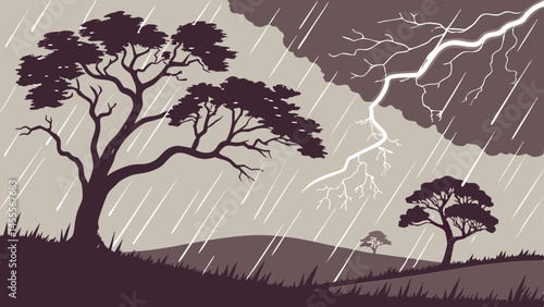 Stormy landscape with rain and silhouetted trees on hills
