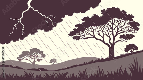 Stormy landscape with rain and silhouetted trees on hills