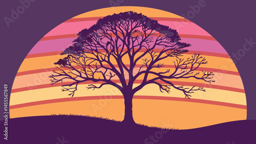 Lone tree silhouette on hill at colorful sunset in minimalist vector art
