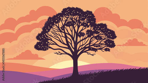 Lone tree silhouette on hill at colorful sunset in minimalist vector art