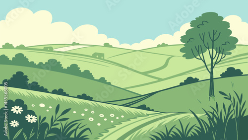 Scenic countryside landscape vector with rolling green hills and trees view