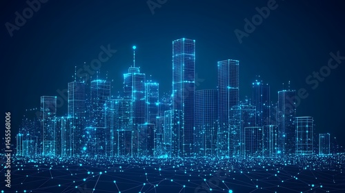 Futuristic blue cityscape. Wireframe buildings glow against a deep blue gradient, interconnected by a network. Technologically advanced urban environment. Abstract Digital low-poly wireframe connected