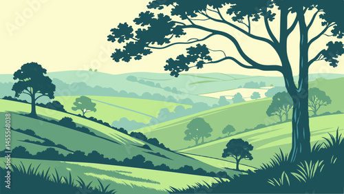 Scenic countryside landscape vector with rolling green hills and trees view