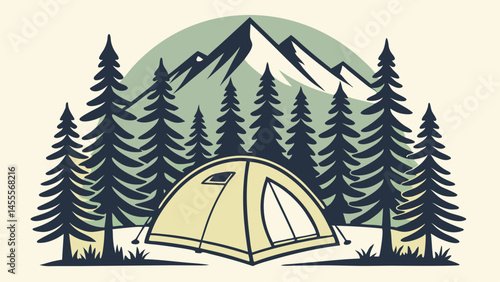 Camping tent vector in pine forest with mountain background illustration