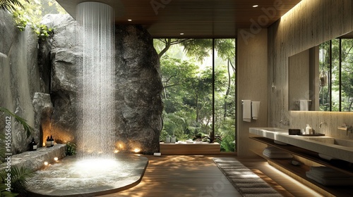 A nature-inspired spa bathroom with stone textures and waterfall showers 