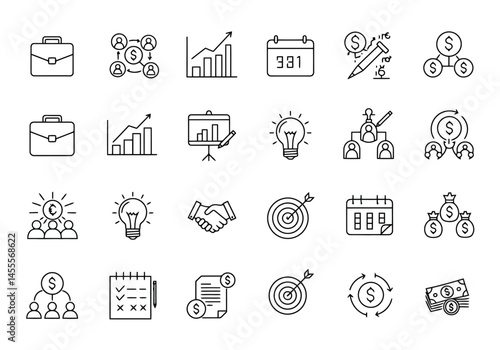 Simple flat business icon set in black and white, featuring clean line symbols on white background, perfect for modern professional design use.