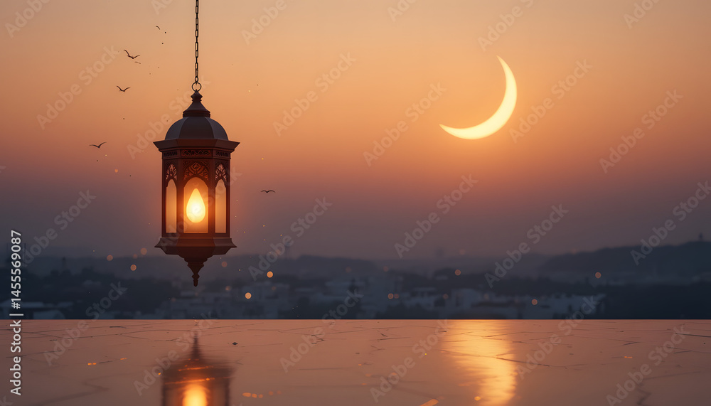 Fototapeta premium Ramadan Eid Mubarak minimalist background with crescent moon and lantern