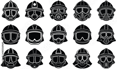 Firefighter Helmet Silhouette Vector Set – Emergency Safety Gear Icons for Rescue and Protection Design