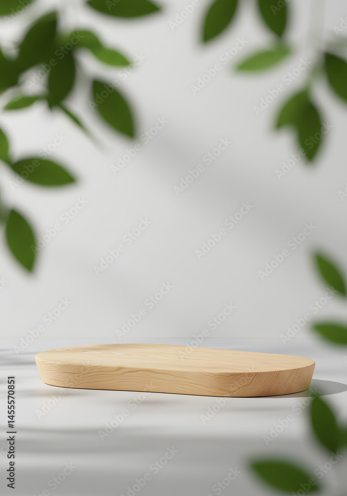 Natural light wood oval podium, blurred green foliage, minimalist clean fresh elegant Natural light wood oval podium, blurred green foliage, minimalist clean fresh elegant