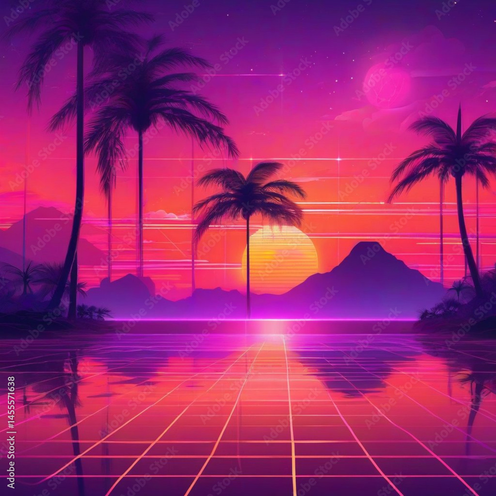 Naklejka premium Retro Sunset Vapor-wave Palm Trees