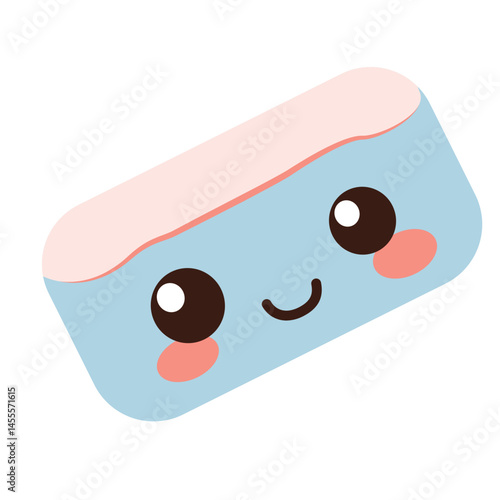 An adorable cartoon-style eraser with a smiling face, round eyes, and pink cheeks. The light blue body contrasts with the pink top, creating a cheerful school supply design.