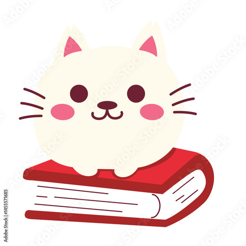 A cute white cartoon cat with pink cheeks, sitting on a closed red book. Designed in a minimal, artistic style for cozy, pet-themed, and reading-related creative projects.