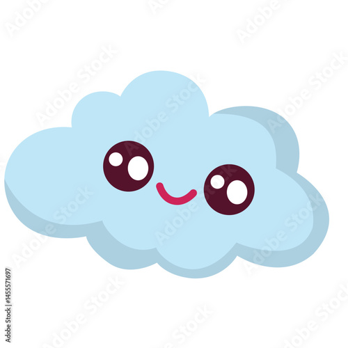 A cheerful blue cloud illustration with a smiling face, featuring round eyes and a curved red mouth. Designed in a soft, cartoon style for friendly and weather-themed projects.