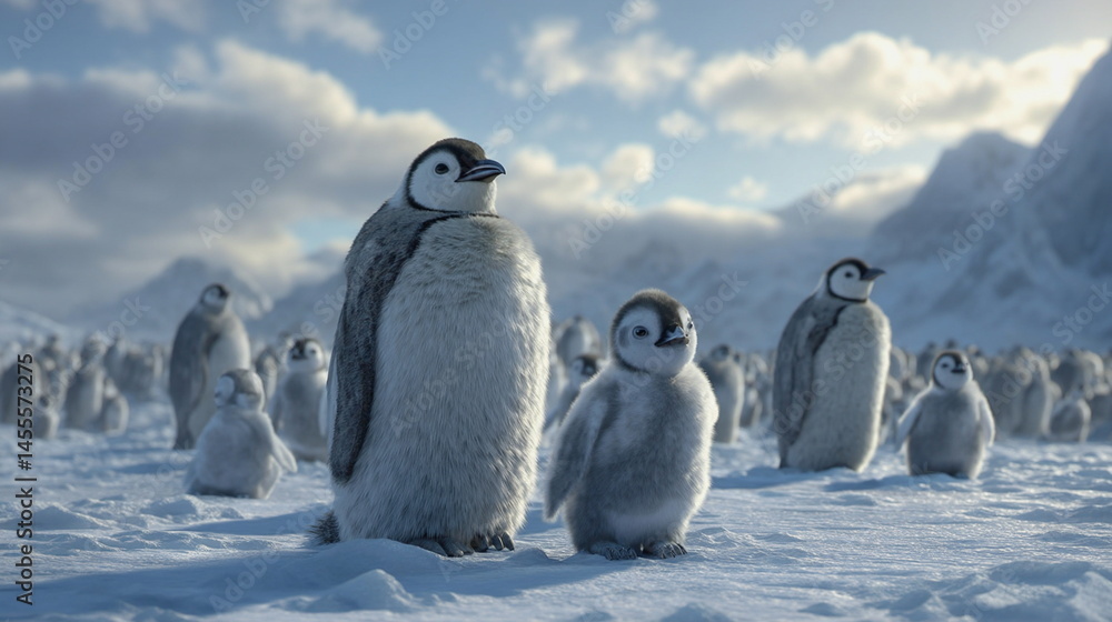 Fototapeta premium Fluffy baby penguins huddle together on snowy terrain under a soft morning sky. The peaceful scene evokes themes of warmth, nature, and survival in cold environments.