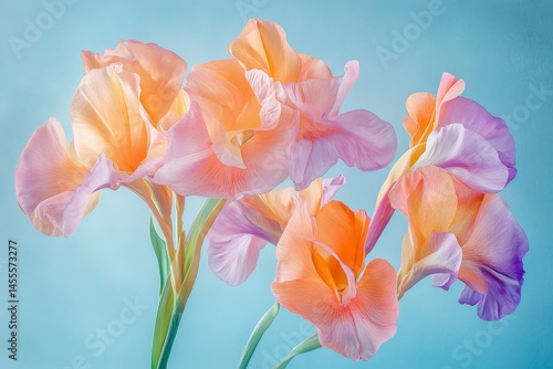 Close-up view of vibrant, pastel flowers against a light backdrop.