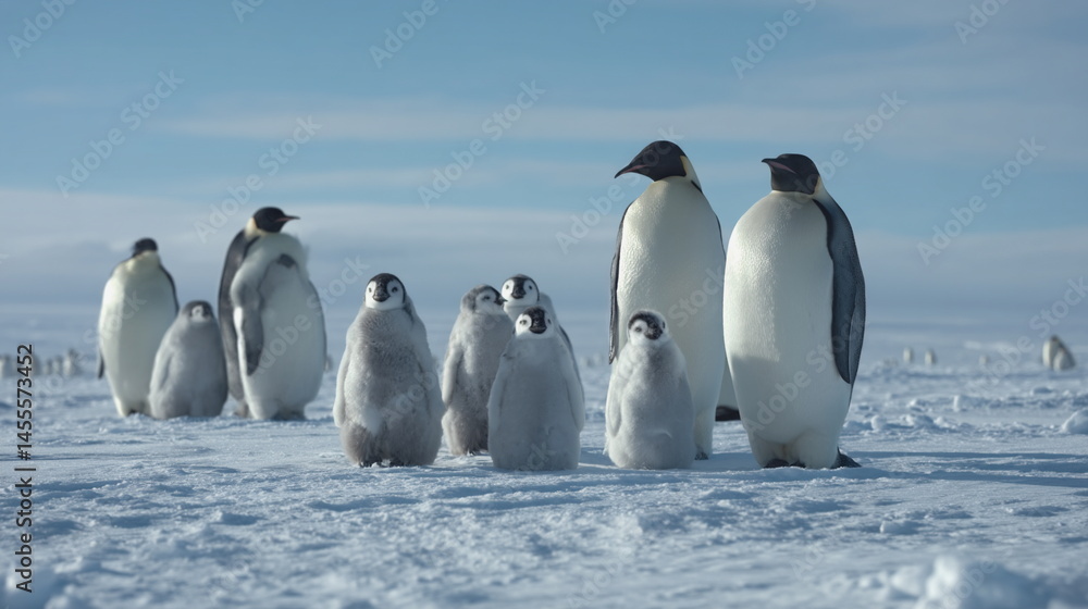 Obraz premium A group of adorable penguin chicks stands on the ice, surrounded by distant figures. Their downy feathers and curious expressions create a mood of innocence and wonder.