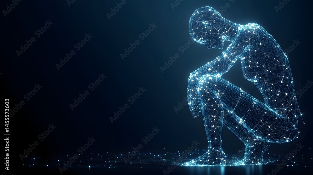 Fototapeta premium Digital contemplation. A glowing figure embodies introspection in a simulated space, evoking tech's impact on human emotion. Abstract Digital low-poly wireframe connected dots in dark blue.