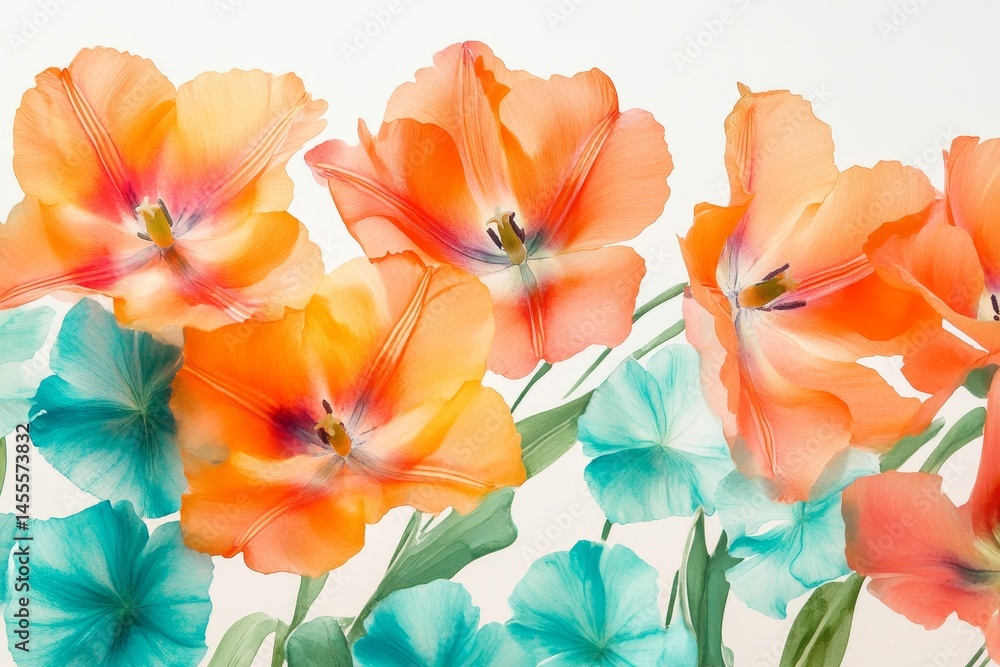 Obraz premium Colorful tulip and pansy floral arrangement, softly rendered.
