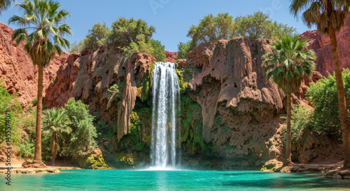 Fototapeta Naklejka Na Ścianę i Meble -  Tropical oasis with turquoise pool beneath waterfall surrounded by red canyon walls and palm trees. Paradise-like contrast of desert and lush vegetation.