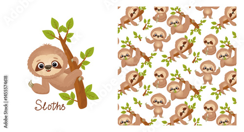 Vector illustration with cute sloth hanging on a branch. Postcard with cartoon character and quote. Baby seamless print with sloth. Isolated on white. Hand drawn