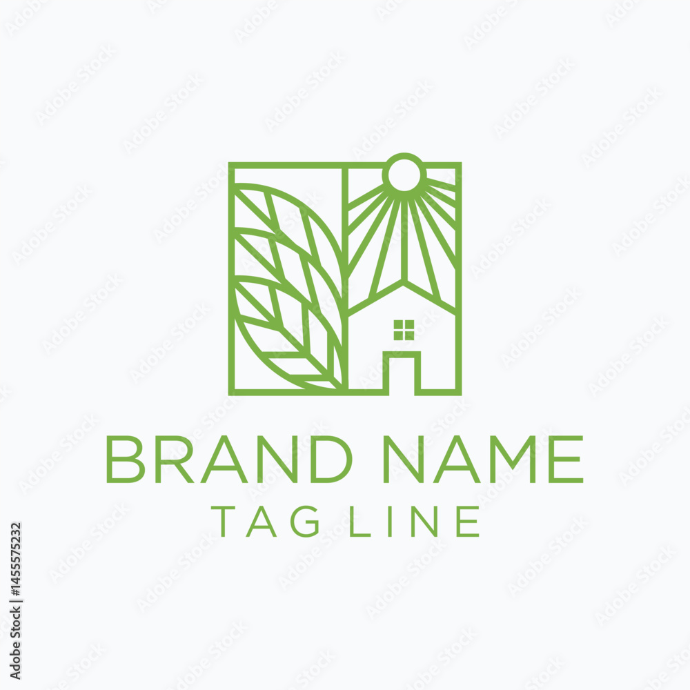 Fototapeta premium Minimalist eco-friendly logo featuring a leaf, sun, and house. Perfect for sustainable living, organic products, or environmentally-conscious real estate branding.