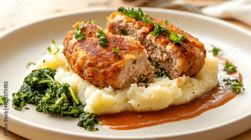 Savory meat cutlet served with mashed potatoes and greens.