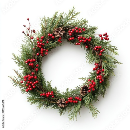 Festive evergreen wreath with red berries and pine cones on white background