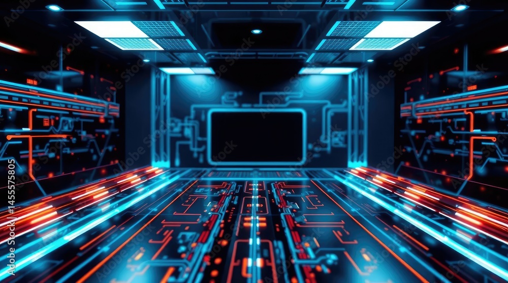 Fototapeta premium Cybernetic Corridor: Glowing Neon Lines and Futuristic Design