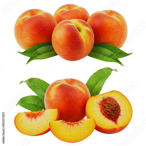 peaches with leaves isolated on white or transparent png
