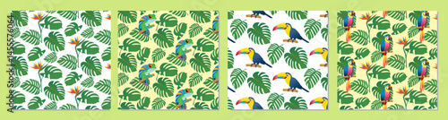 Set of seamless patterns with tropical leaves and exotic flowers and tropical animals. Repeating tropical plant pattern. Vector illustration