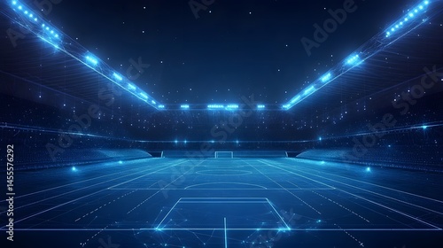 Futuristic blue stadium rendering featuring a vibrant, glowing field and tiered seating. Illuminated by bright lights, the arena has a modern, digital style. Abstract Digital low-poly wireframe