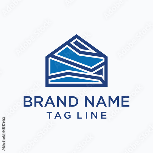Modern geometric house logo with bold blue lines and abstract shapes, ideal for real estate, architecture, construction, or property development branding.