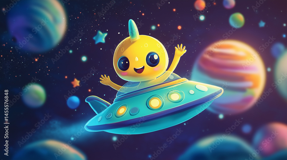 Naklejka premium Cute Alien Flying a UFO in Colorful Outer Space – World UFO Day Celebration