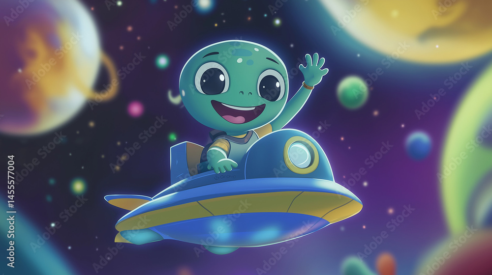 Happy Alien in a UFO Surrounded by Colorful Planets – World UFO Day Artwork Happy Alien in a UFO Surrounded by Colorful Planets – World UFO Day Artwork